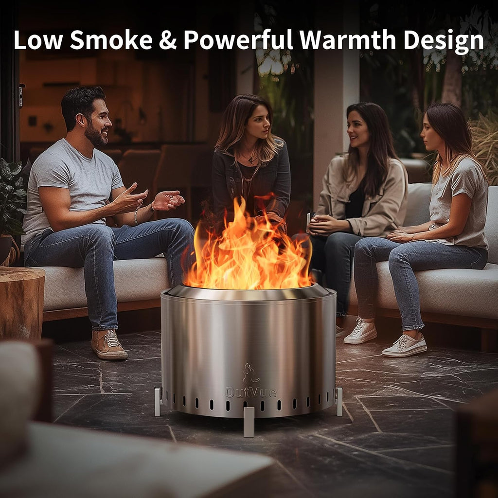 OutVue 22 inch Stainless Steel Smokeless Fire Pit, Outdoor Smokeless Firepit, Wood Burning Fire Pits for Camping, Bonfire, Low Smoke Firepit for Outside (Vertical Hole)