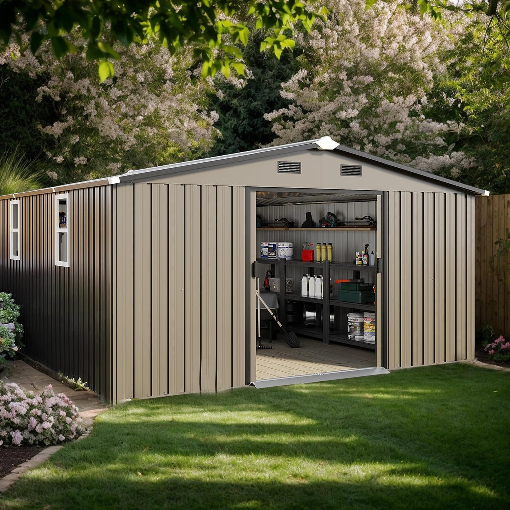 10x12 FT Metal Outdoor Storage Shed with Windows and Tool Kit, Heavy Duty Color Steel Panel, Weatherproof Utility Shed for Backyard Garden, Large Storage Building for Tools, Equipment and Bikes