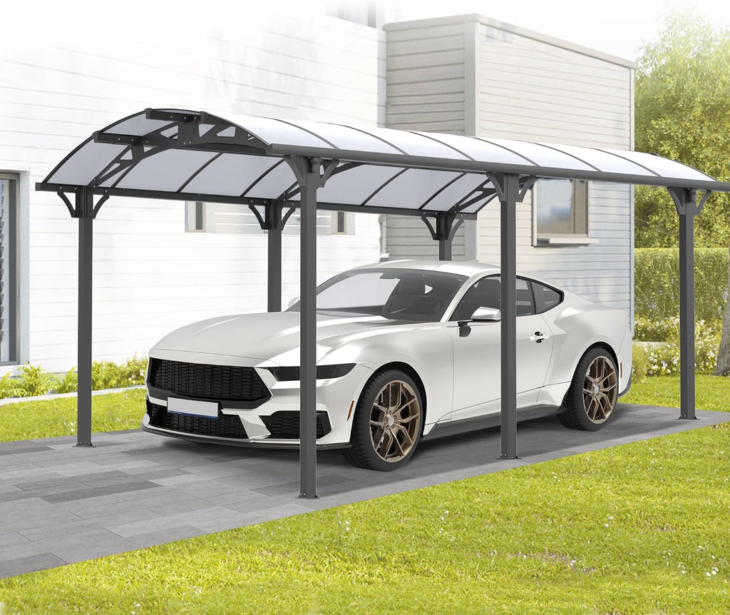Real Relax 12 x 16 ft Metal Carport Kits with Polycarbonate Panel, Heavy Duty Metal Carport Canopy, Outdoor Car Tent Metal Garage Shelter for Car, Truck and Boats, Grey