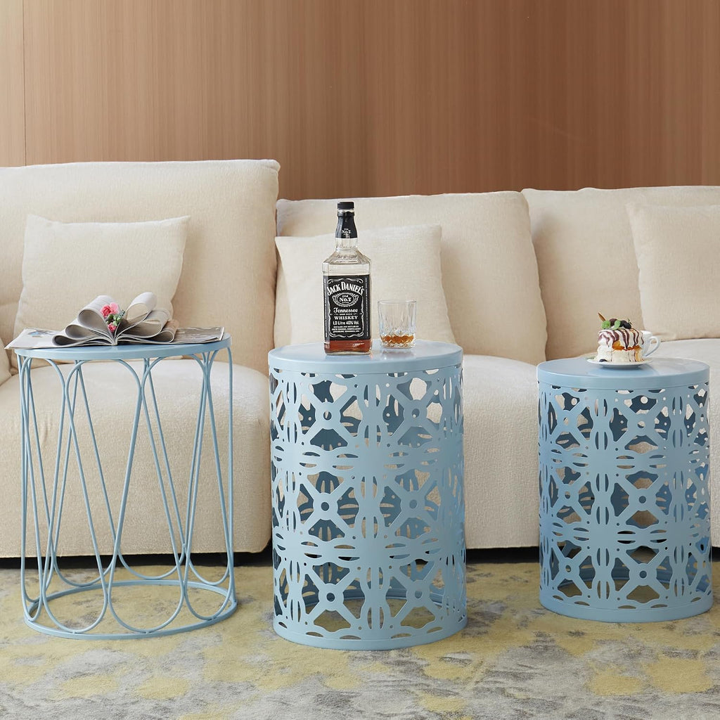 Y&M Set of 3 Heavy-Duty Round End Table, Side Table, Coffee Table for Indoor Multifunctional Use, Outdoor Decorative Garden Stool Plant Stand-Blue