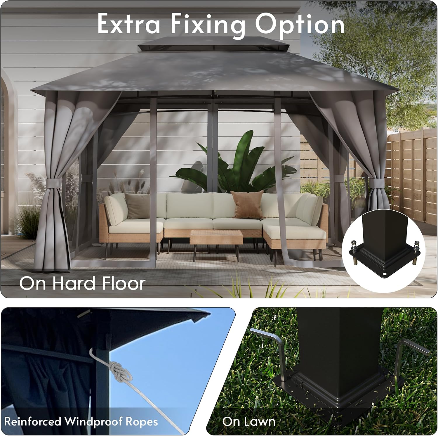Gazebo 10x13 with Mosquito Netting & Privacy Screens. Double Roof Design Outdoor Gazebo with Powder-Coated Metal Frame for Patio, Deck, Backyard, Garden & Lawns(Dark Gray)