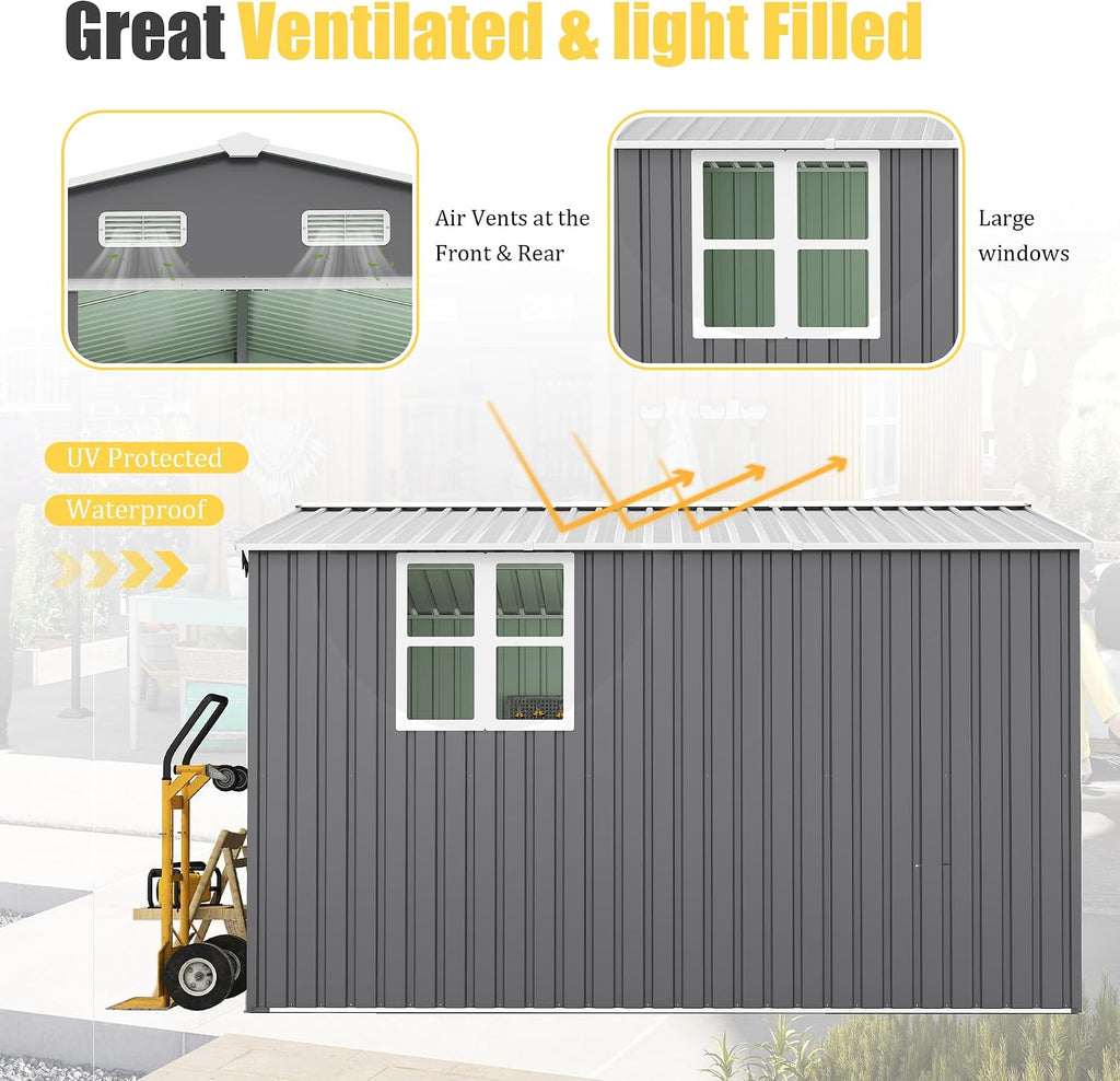【LuckyNote】 10x12 Ft Outdoor Storage Shed, Extra Large Metal Shed with Lockable Doors, Windows, Outside Steel Tiny House Ideal for Garden, Backyard, Patio Utility, Tool Storage，3 Separate parcels