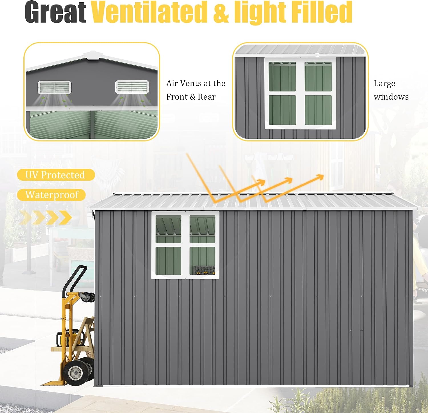 10x12 FT Outdoor Storage Shed with Sliding Lockable Doors&Windows, Extra Large Metal Shed with Dual-Zone Design, Galvanized Steel Utility Shed for Garden, Backyard,Tool Storage (Dark Gray, 10×12 FT)