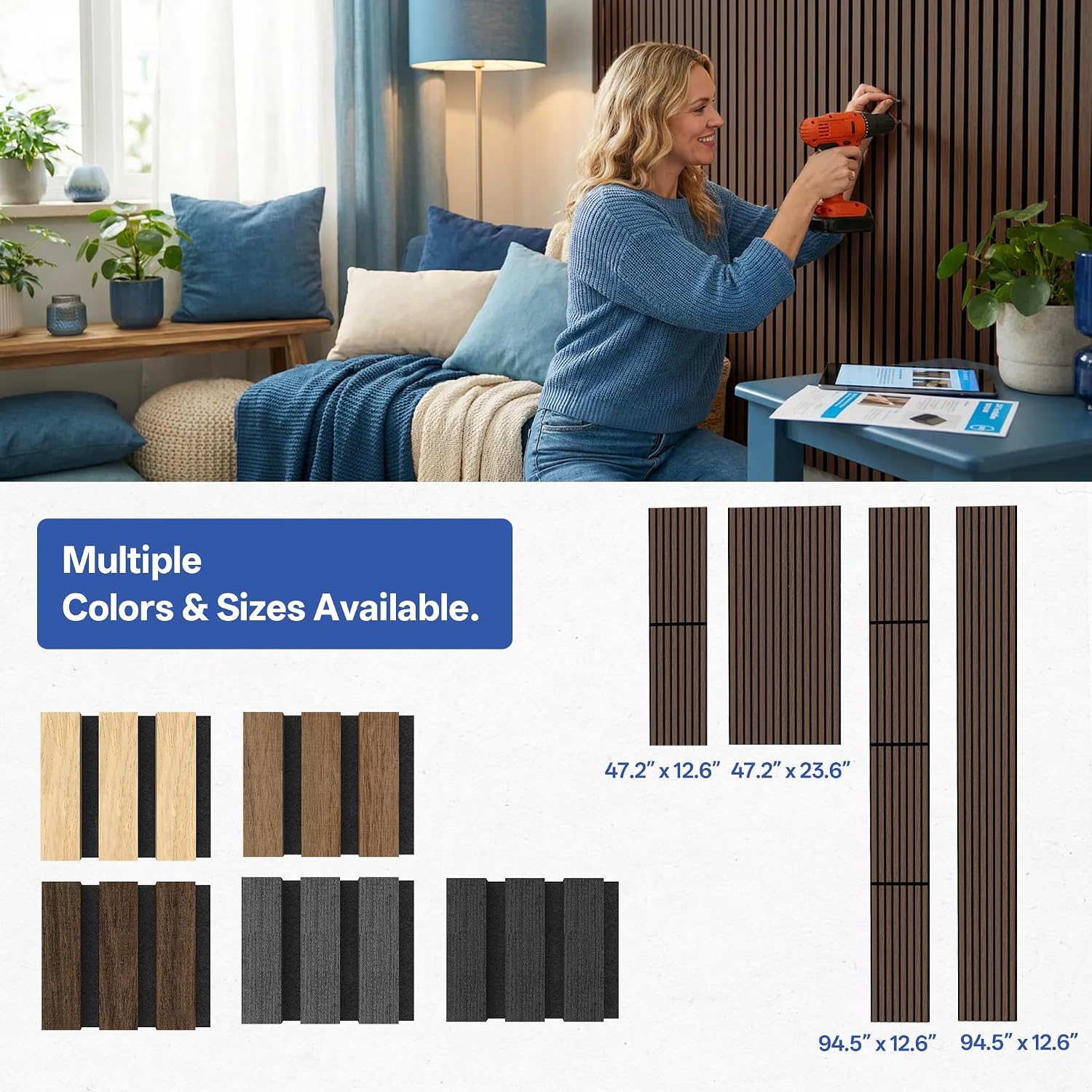 PIWA Acoustic Wall Panels 94' x 12' 4 Pack, Wood Panels for Wall Sound Dampening Slat Paneling with MDF Surface and Sound-Absorbing Core for Interior Decor, Home, Office and Gaming Room (Dark Walnut)
