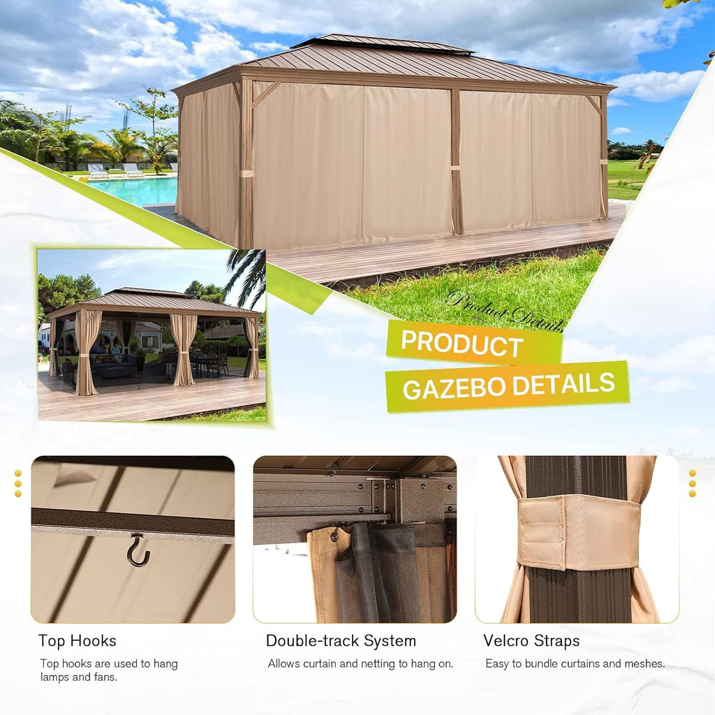 YOLENY 14'x20' Gazebo, Galvanized Steel Double Roof with Wood Grain Aluminum Frame, Outdoor Permanent Metal Pavilion with Curtains and Nettings for Patio, Backyard and Deck