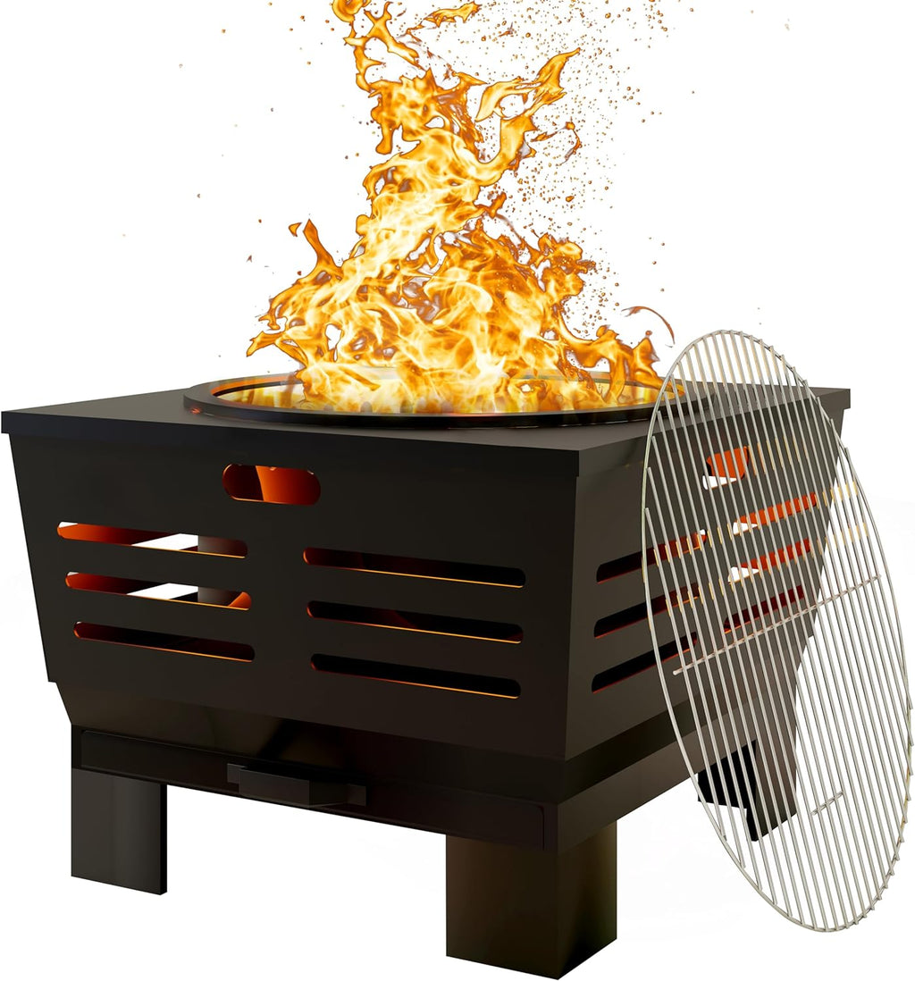 Fire Beauty Fire Pit with Stand,Smokeless Wood Burning Firepit with Ash Pan,Portable Outdoor Firepit with Cooking Grate & Poker for Camping,Backyard|L:23''xW:23''xH:19'',28.6lbs