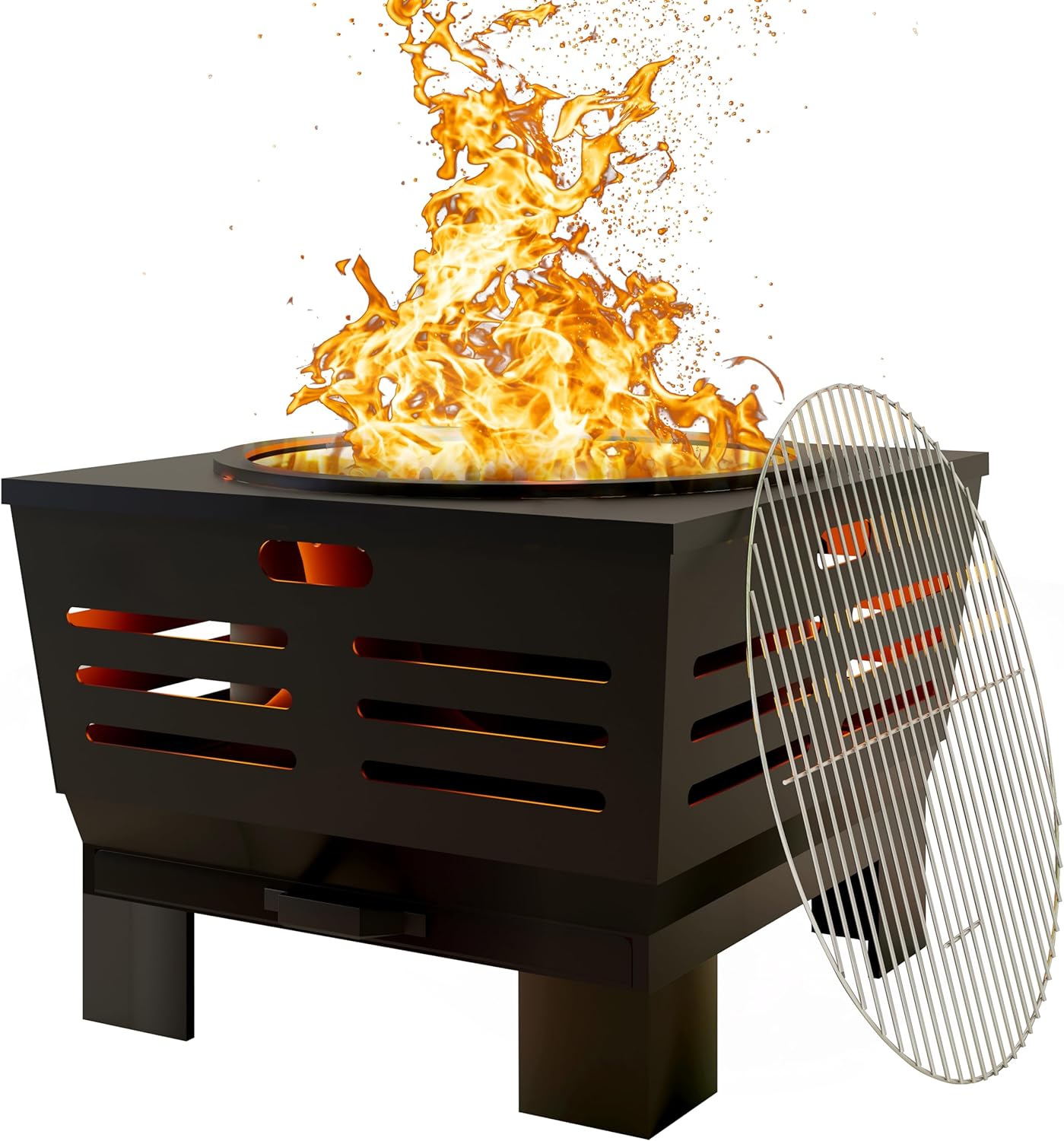 Fire Beauty Fire Pit with Stand,Smokeless Wood Burning Firepit with Ash Pan,Portable Outdoor Firepit with Cooking Grate & Poker for Camping,Backyard|L:23''xW:23''xH:19'',28.6lbs