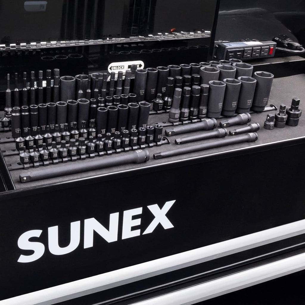 Sunex Tools 3/8' & 1/2' Drive SAE & Metric 6 Point Standard & Deep with Star (E and Tamperproof), Triple Square, & Hex Bit, 106-Piece, Model 10105