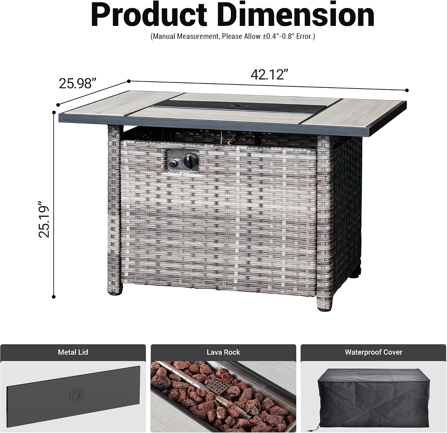 OVIOS 42 Inch Outdoor Patio Fire Pit Table, 50,000 BTU Heater PE Rattan Propane Firepits with Ceramic Tabletop, Waterproof Cover, Steel Lid and Lava Rock, Rectangular, Grey