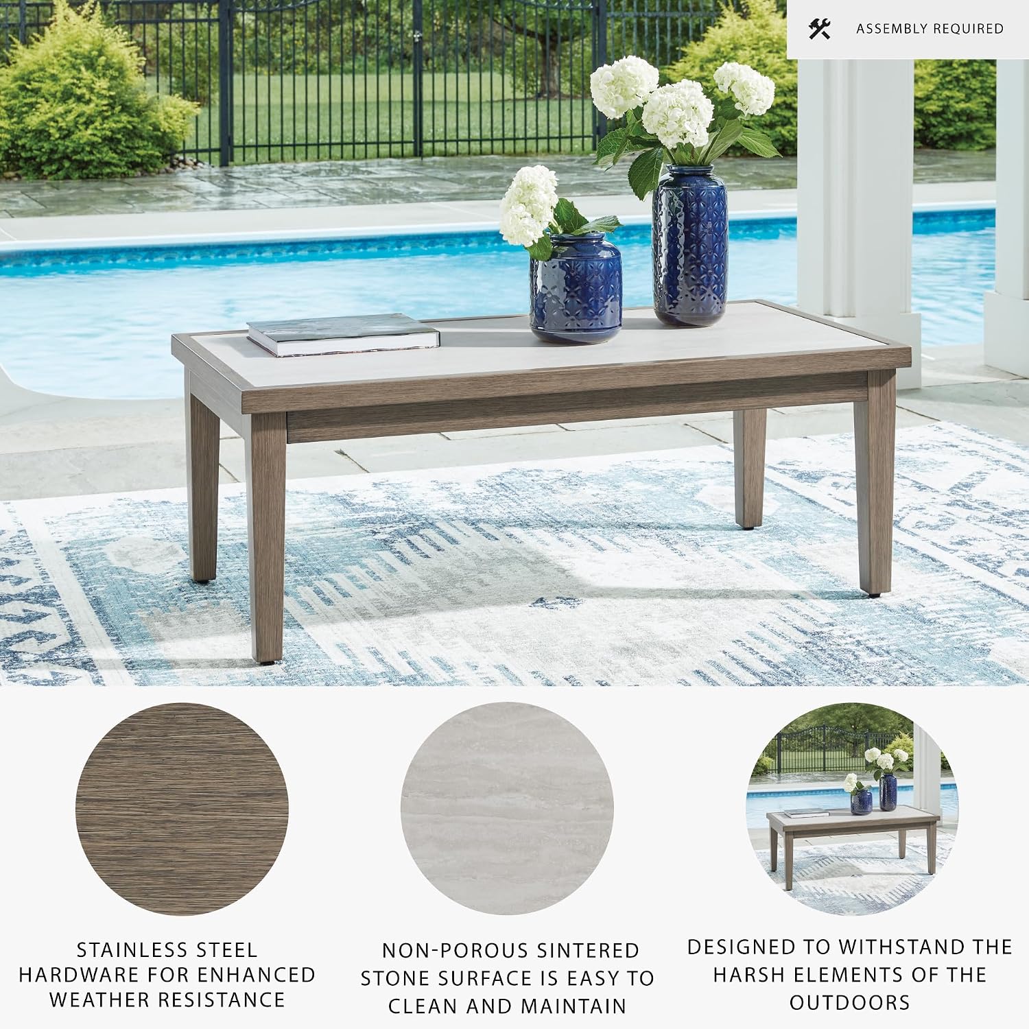 Signature Design by Ashley Rainier Ranch Contemporary Weather Resistant Outdoor Coffee Table with Sintered Stone Top, Light Brown & Beige