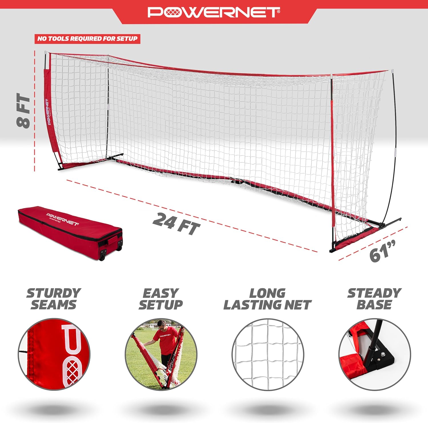 PowerNet Soccer Goal for Backyard, 3Mx2M / 6x4 / 8x4 / 12x6 / 14x7 /18.5x6.5 / 21x7 / 24 x 8 Portable Soccer Net, Sports & Outdoors Training Equipment, Quick Setup 1 Goal & Zipper Storage Bag