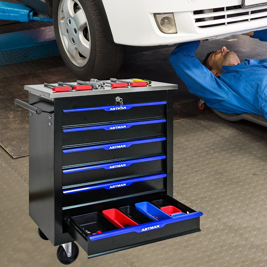 6 Drawers Rolling Tool Box on Wheels, Stainless Steel Countertop Multifunctional Tool Chest Cabinet with Lock, Drawers Rolling Tool Cart Trolley Organizer Tool Storage Case for Garage,Warehouse