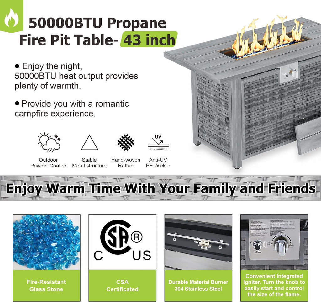 Dineli 43-Inch Rectangular Propane Fire Pit Firepits for Outside Patio Fire Pit Table, Gas Fire Pits with Adjustable Feet, Tabletop Fire Pits for Backyard Deck Balcony, 50,000 BTU, Light Gray