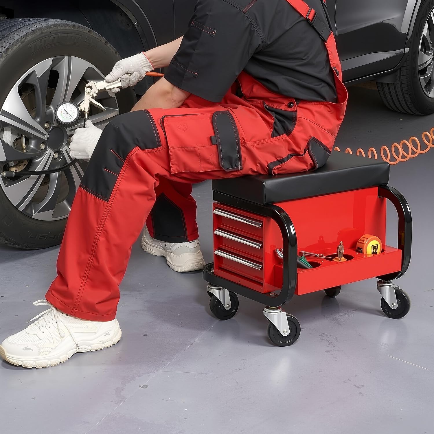 Tool Box Built-in Creeper Seat, Garage Shop Roller Seat, 3 Drawers Heavy Duty Tool Chest with 4 Rolling Casters-350 Lbs Capacity