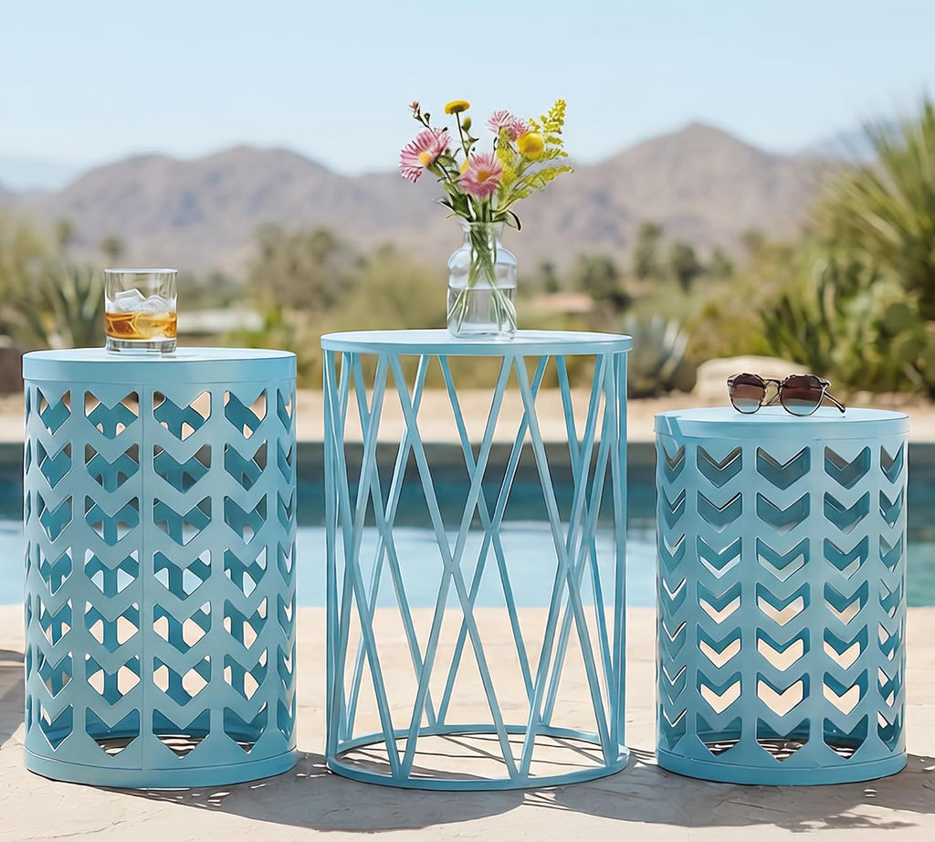 Y&M Set of 3 Round Heavy-Duty Side Table End Table, Coffee Table for Indoor Multifunctional Use, Outdoor Decorative Garden Stool Plant Stand-Light Blue