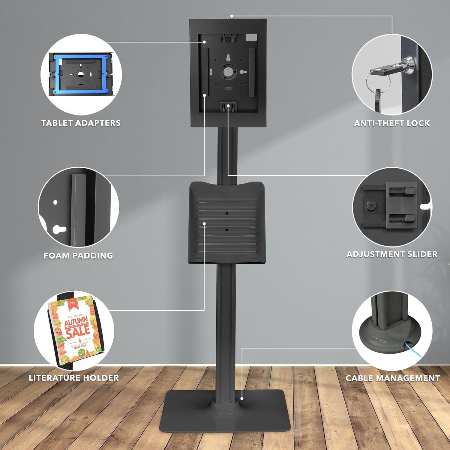 Mount-It! Anti-Theft iPad Tablet Floor Stand Kiosk with Literature Holder, Lockable Enclosure for iPad Gen 7–11, Pro & Air (A16), 90° Rotation & 75° Tilt, Commercial Kiosk Stand, Bolt Down Base, Black