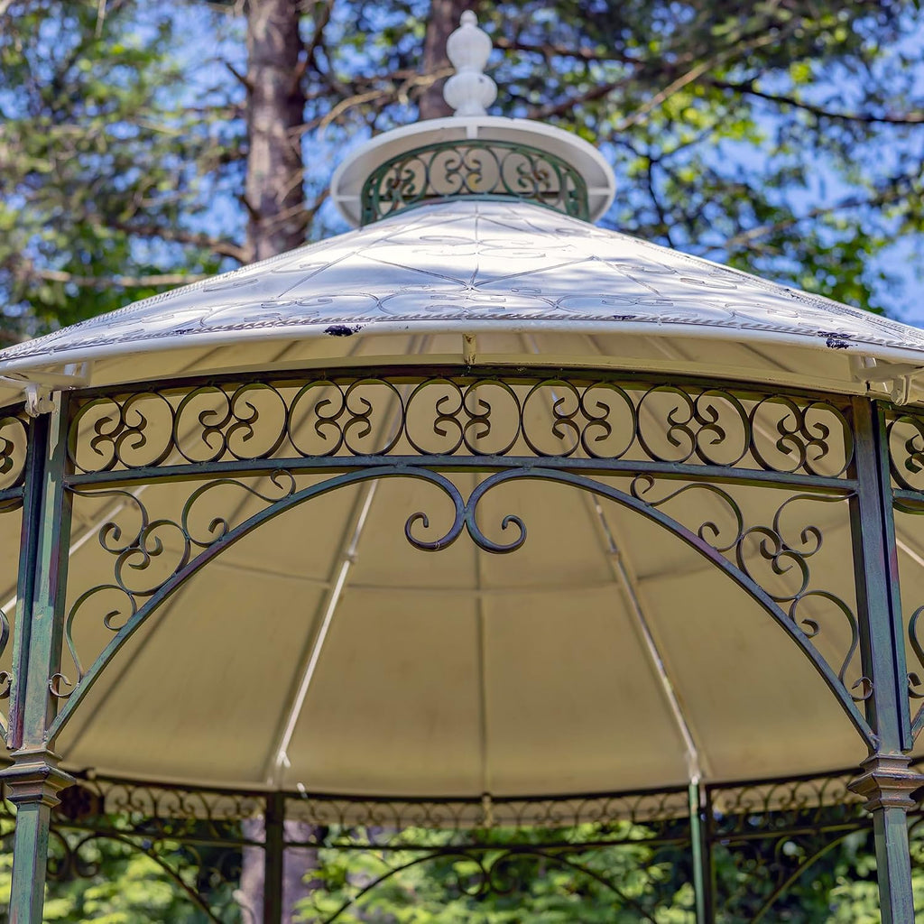 11.25ft. Tall Round Iron Gazebo with Four Side Walls & Flowers Baskets Seville (Antique Green)