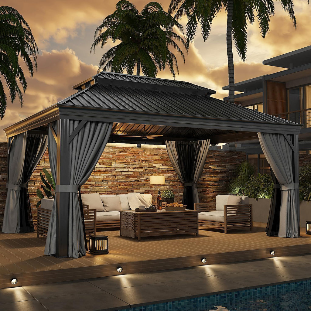 Hardtop,12x16 Gazebo with Gray Mosquite Netting, Hardtop Gazebo with Galvanized Steel Roof for Gardens, Deck, Lawns