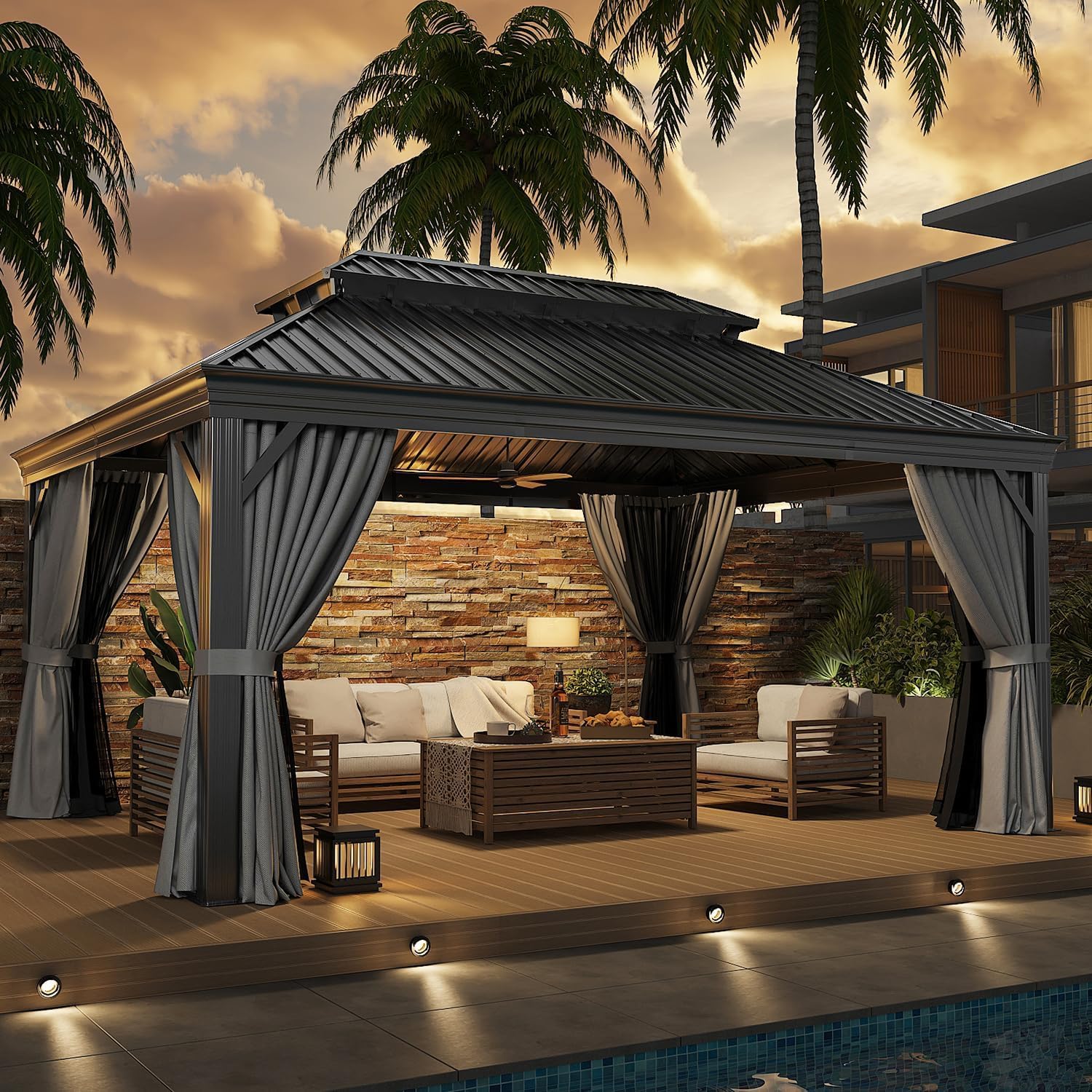 Hardtop,12x16 Gazebo with Gray Mosquite Netting, Hardtop Gazebo with Galvanized Steel Roof for Gardens, Deck, Lawns