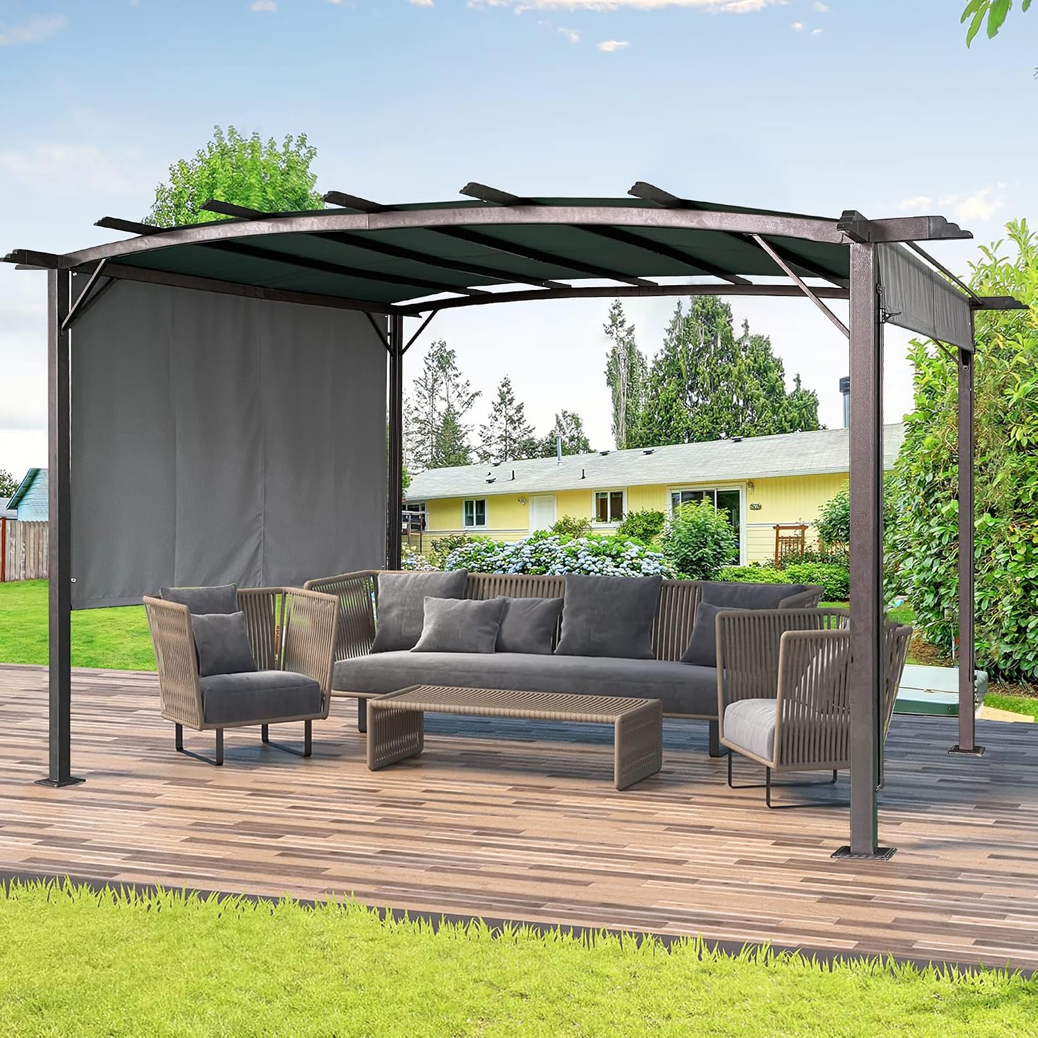 12' x 9' Ft. Outdoor Patio Retractable Canopy Gazebo Metal Pergola with Adjustable Shade (Grey)
