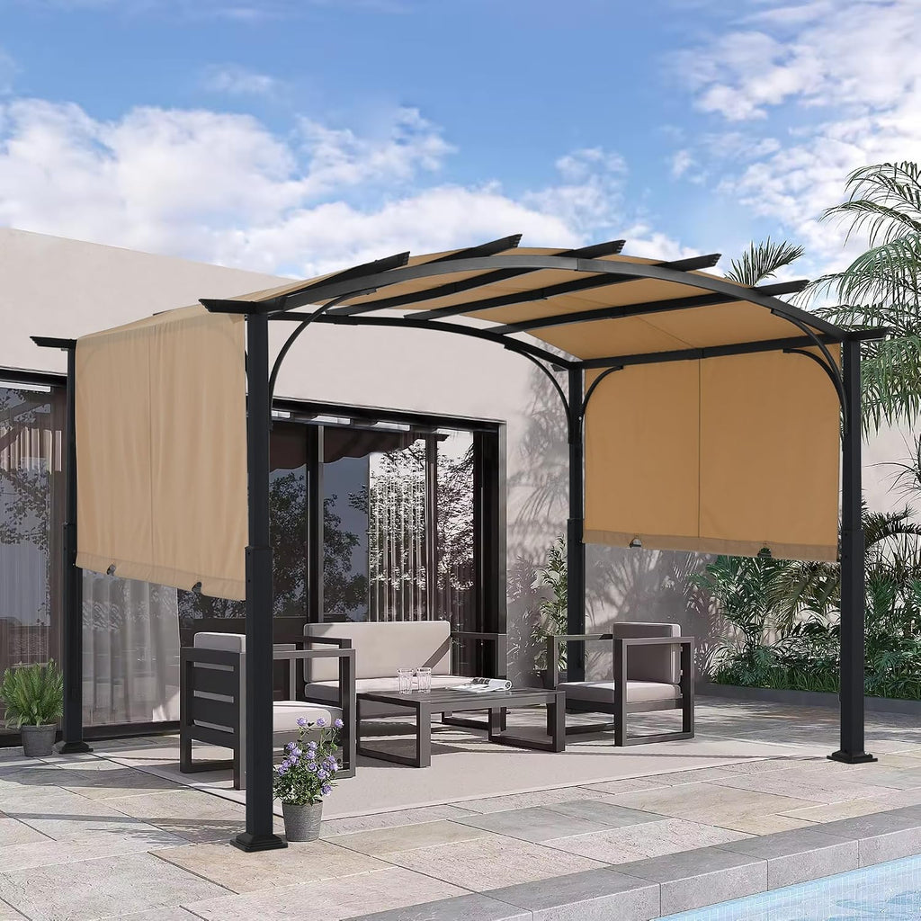 MASTERCANOPY 10x10ft Outdoor Retractable Pergola with Sun Shade Canopy Patio Metal Garden Pergola,Beige