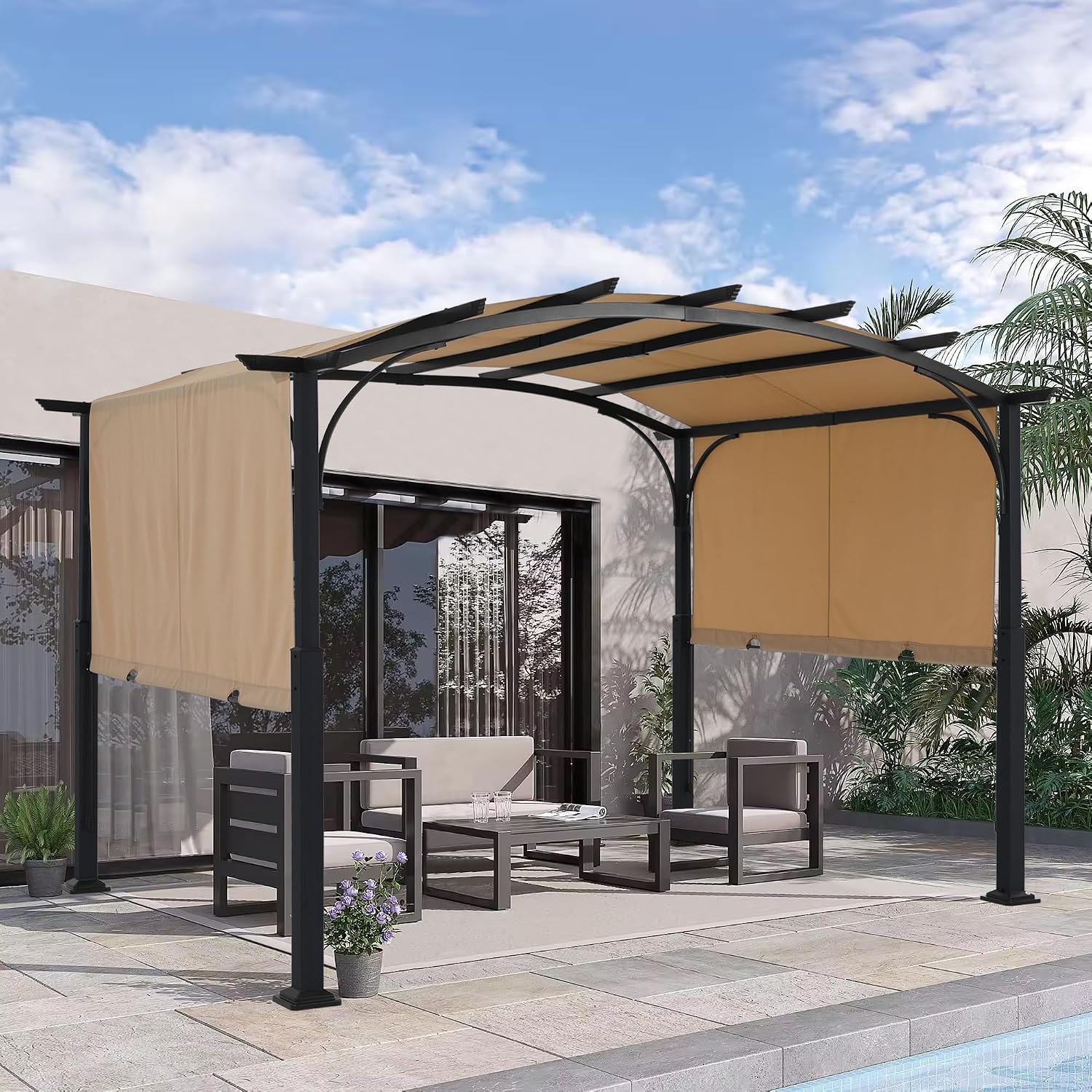 MASTERCANOPY 10x10ft Outdoor Retractable Pergola with Sun Shade Canopy Patio Metal Garden Pergola,Beige