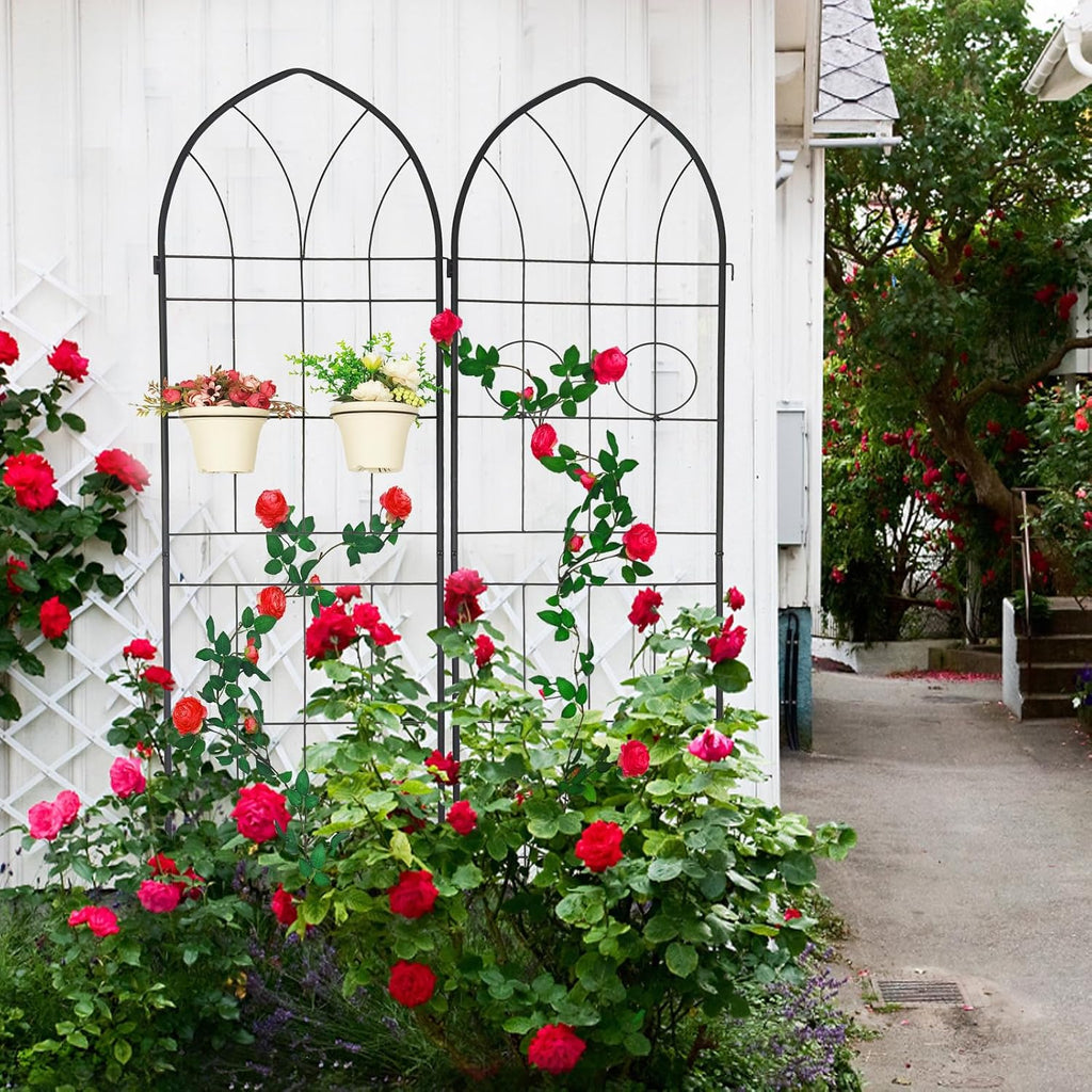 78.7'x80' 4 Pack Metal Garden Trellis with Galvanized Tube,Vines Plant Rose Vegetable Support,w/ 2 Pot Holders,Large Decorative Outdoor Trellis,for Backyard,Farm,Black