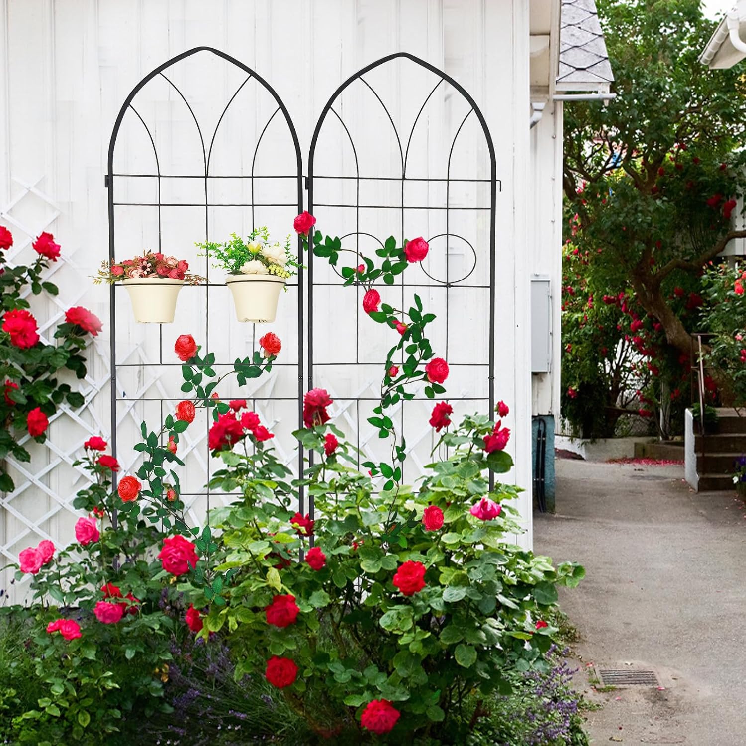 78.7'x80' 4 Pack Metal Garden Trellis with Galvanized Tube,Vines Plant Rose Vegetable Support,w/ 2 Pot Holders,Large Decorative Outdoor Trellis,for Backyard,Farm,Black