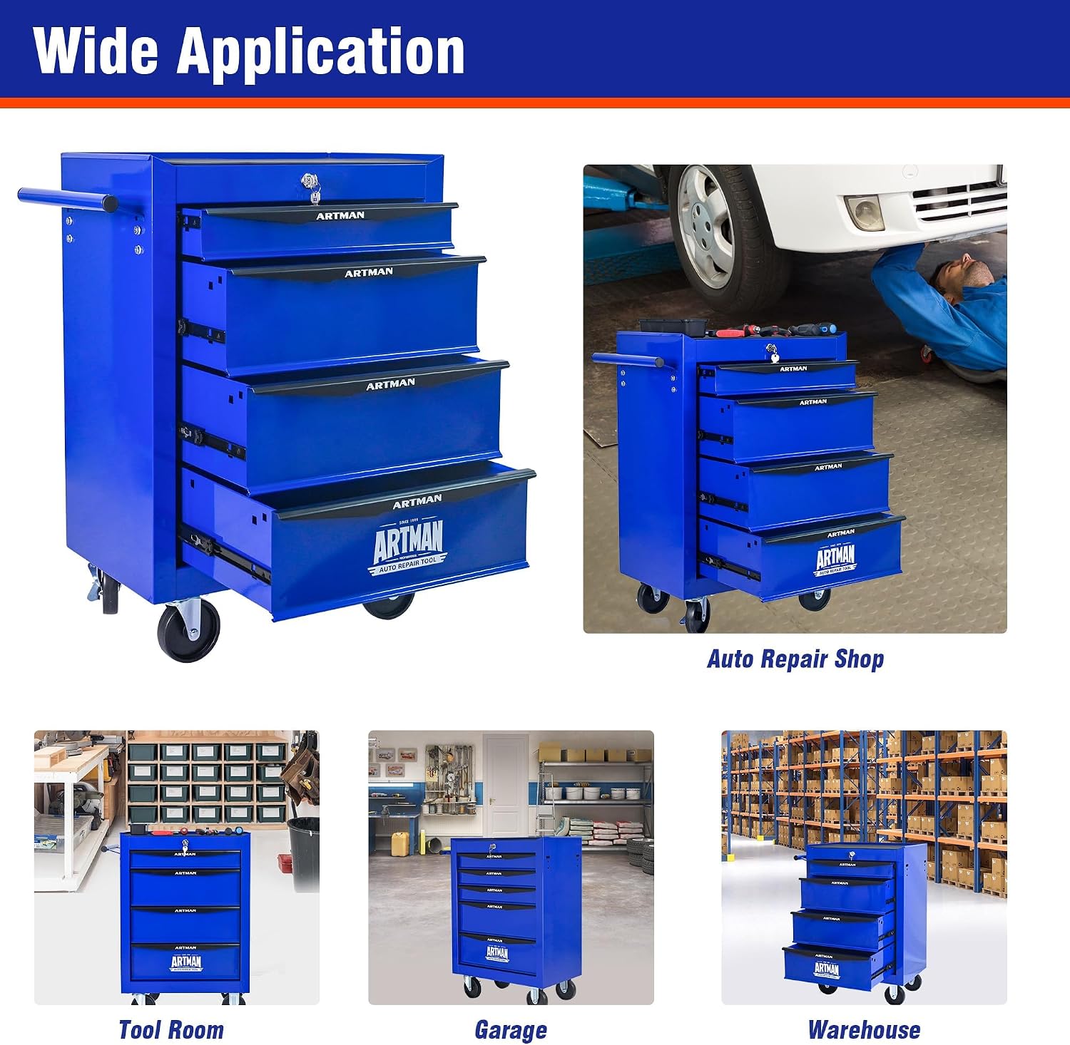 4 Drawers Tool Cart on Wheels, Multifunctional Rolling Tool Chest, Drawers Mobile Trolley Organizer Heavy Duty Tools Box with Locking Wheels & Ball Bearing Drawers (Blue, 4 Drawers)