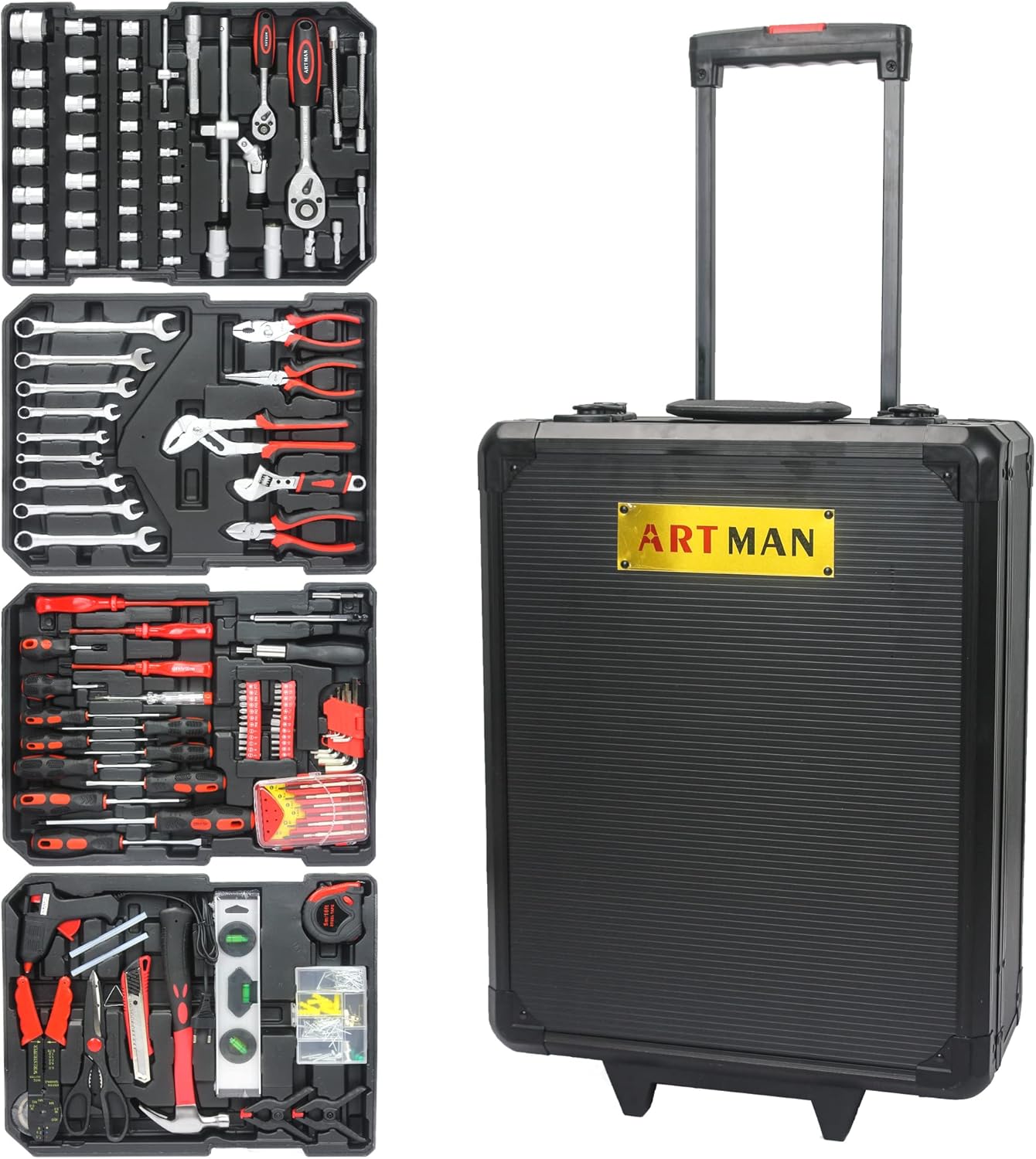 899pcs Rolling Tool Box Set with Lock,Rolling Trolley Case Tool Sets, 4 Layer of Tool Sets 90 Piece Tool Kits on Wheel, Wrench Socket Rolling Hand Tool Box Tool Kit for Garage,Repair Kit(Black)