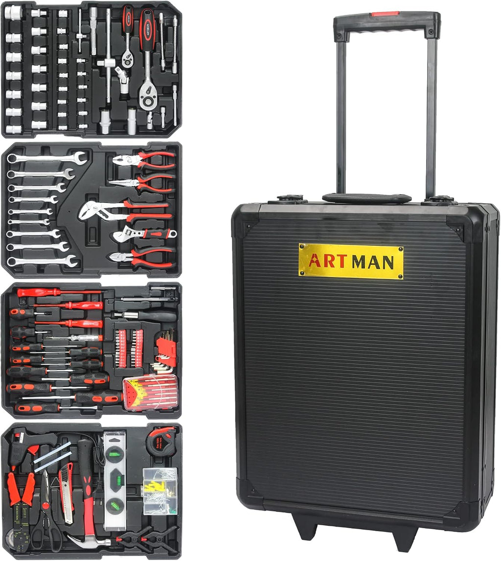 Leavader 889 Pcs Aluminum Trolley Case Tool Set with Wheels, Four-Layer Tool Kit with Rolling Tool Box, Portable Toolbox Storage Case with Drawer for Repair Gift on Father's Day