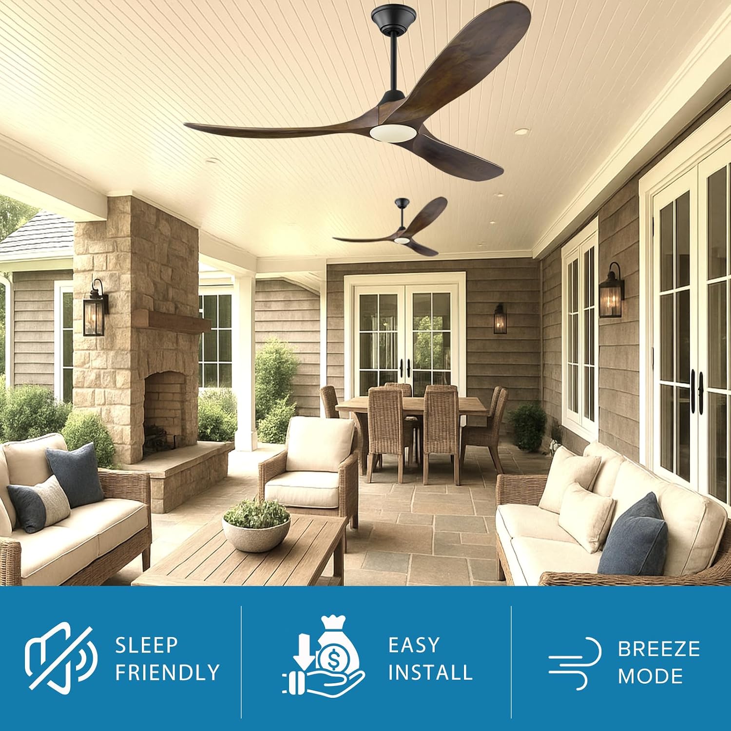 60 Inch Outdoor Ceiling Fan with Light, Damp Rated for Patio, Smart Alexa/App/Remote Control, 3 Walnut Wood Propeller Blades, High 8268 CFM Quiet DC Motor, Modern Farmhouse for Indoor Exterior Porch