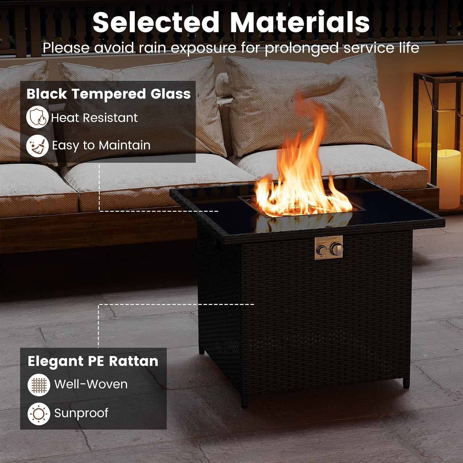 Tangkula 32.5 Inch Propane Fire Pit Table, Outdoor Rattan Gas Firepit with Tempered Glass Tabletop & Stainless Steel Burner, Square Fire Pit with Lava Rocks & Protective Cover for Outside Patio