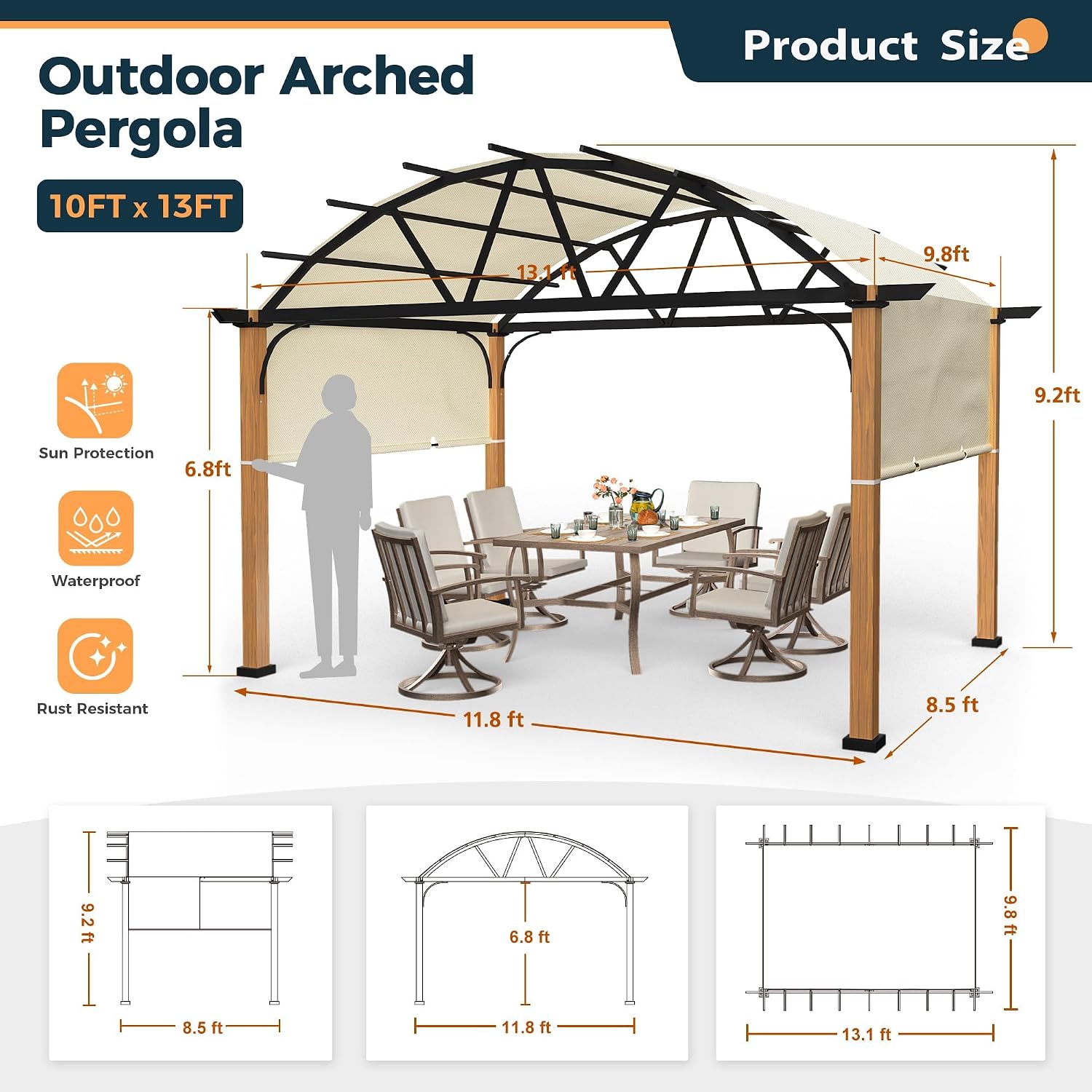 HAPPATIO 10' X 13' Outdoor Pergola with Sling Retractable Canopy, Wood-Like Aluminum Patio Pergola Shade for Patio, Backyard, Garden,Poolside