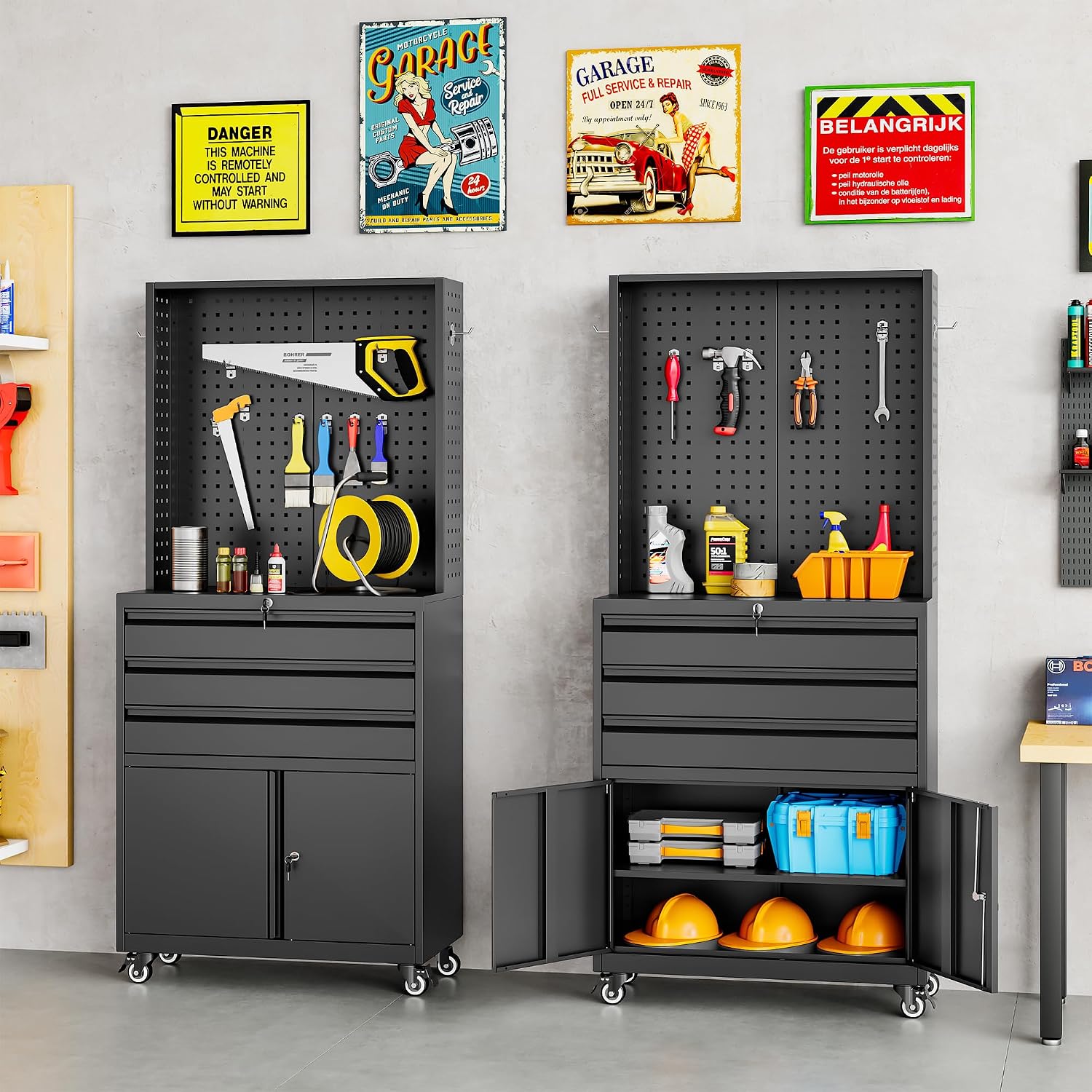 SISESOL Metal Storage Cabinet with Wheels and Drawers,Rolling Garage Storage Cabinet with Lock,Black Metal Tool Cabinet with Hooks,Tall Tool Cabinet on Wheels for Garage,Home,Office,Shop