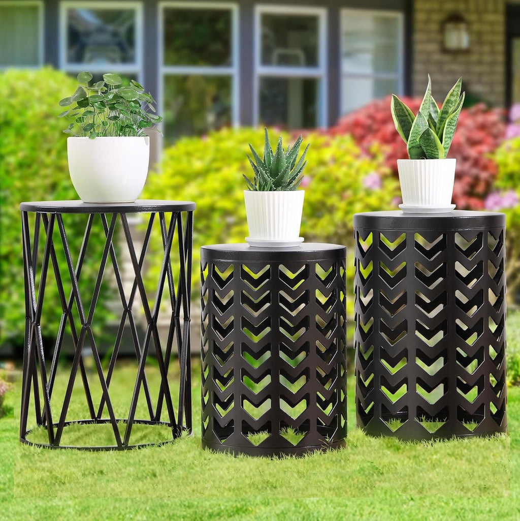 Y&M Set of 3 Metal Round Coffee Accent Table, Side Table End Table for Indoor Outdoor Multifunctional Use,Heavy Duty Metal Plant Stand Decorative Garden Stool- Black(Ship from US)