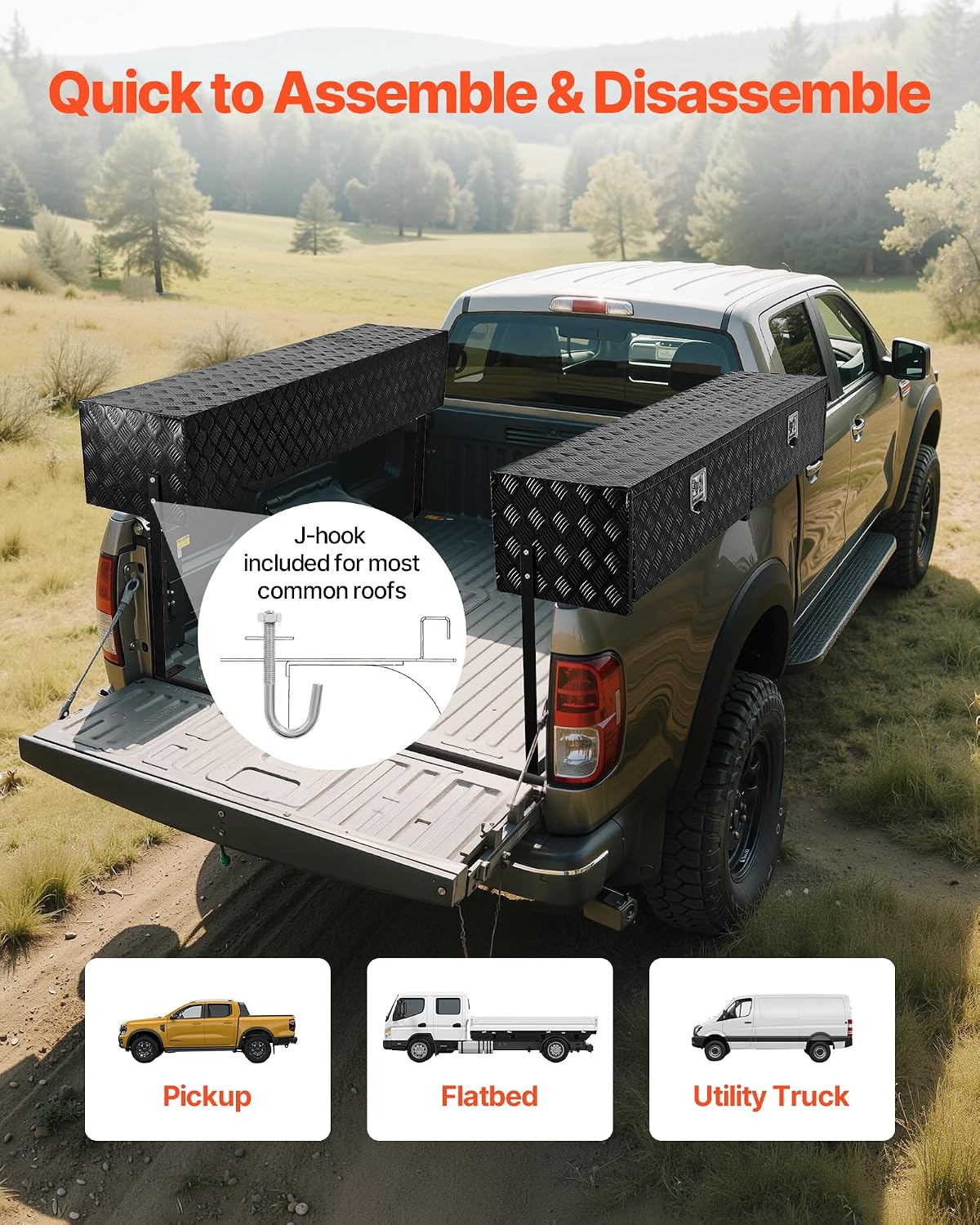 VEVOR Truck Tool Box, 88 x 16 x 13 Inch, Black Aluminum Tread Topsider Toolbox with Dual Drop Doors, Heavy Duty Lockable Storage and Organization Box with Latch, Corrosion-Resistant, for Truck Bed