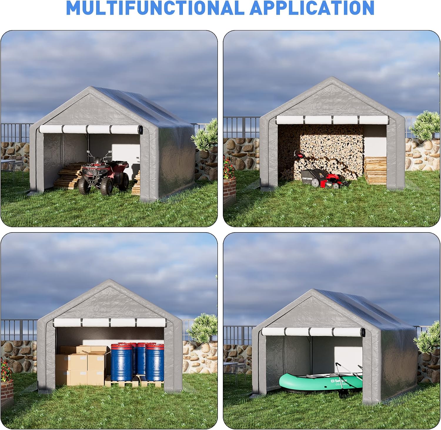 Outdoor Storage Shelter, 8x8 ft Portable Shed with Roll up Zipper Door, Waterproof and UV Resistant Anti-Snow, Heavy Duty Carport for Storing Garden Tools, Outdoor Equipment