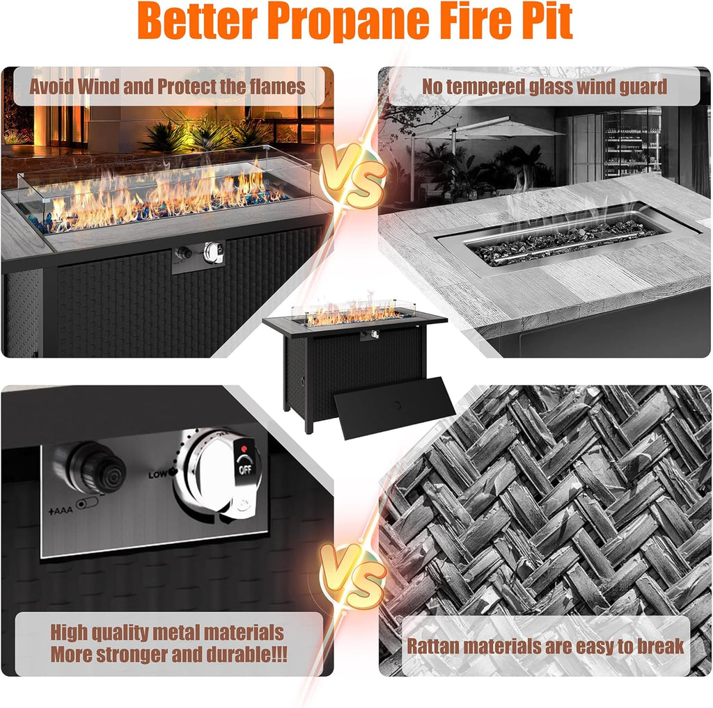 Shintenchi 45 Inch Outdoor Propane Fire Pit 50,000 BTU Gas Fire Pit Table with Lid, Glass Wind Guard, Waterproof Cover, Rectangle Gas Firepit Table for Garden/Patio, CSA Certification