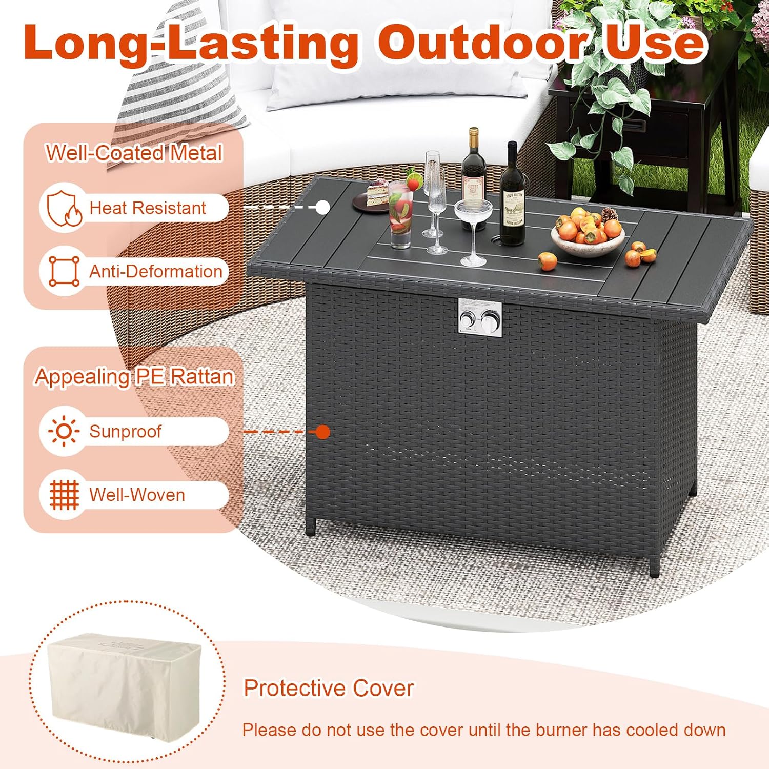 Tangkula 44.5 Inch Propane Fire Pit Table, Outdoor Rattan Gas Firepit with Metal Slatted Tabletop & Stainless Steel Burner, Rectangle Fire Pit with Lava Rocks & Protective Cover for Outside Patio