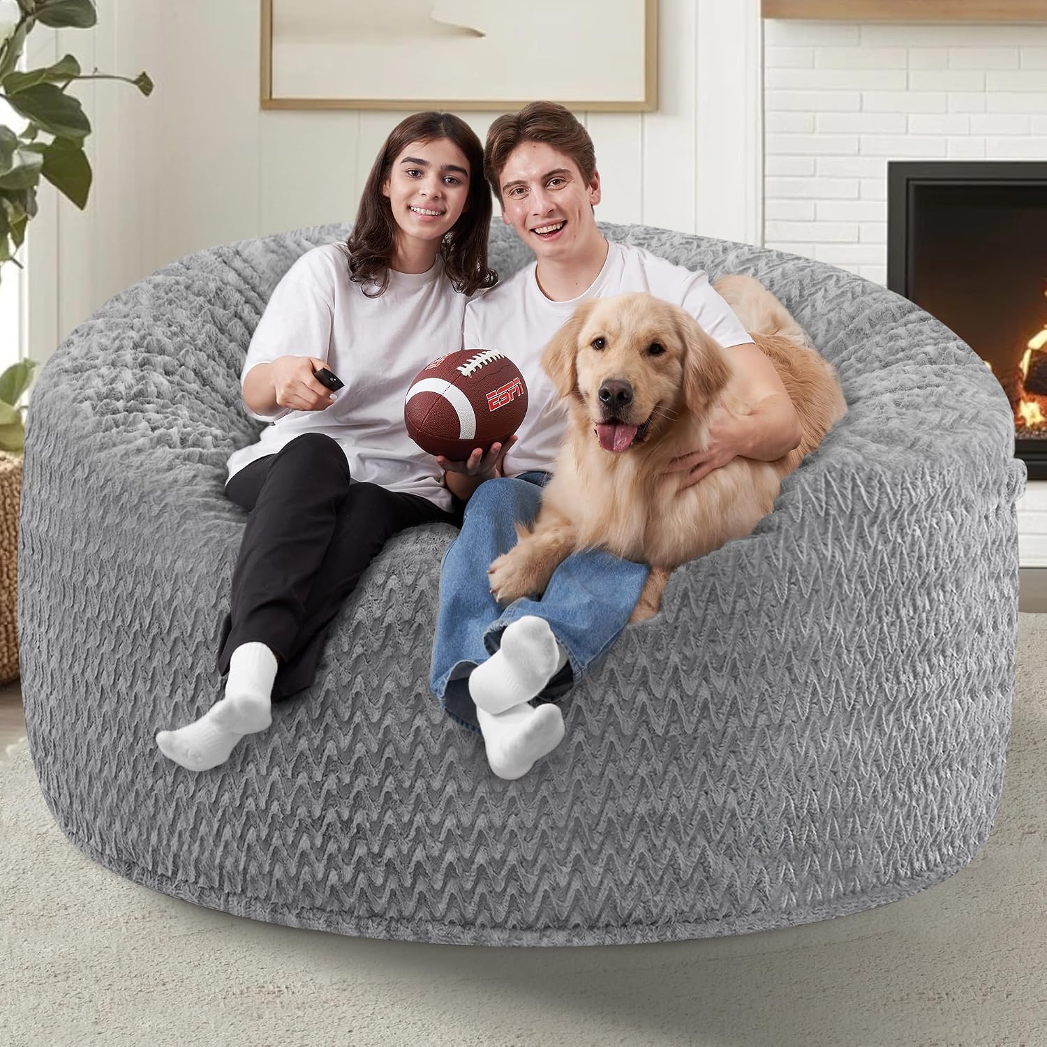 HABUTWAY 5FT Bean Bag Chair,Giant Bean Bag Chairs for Adults,Big Bean Bags with Memory Foam Filled, Large Beanbag Chairs with Chevron Plush Cover-Grey