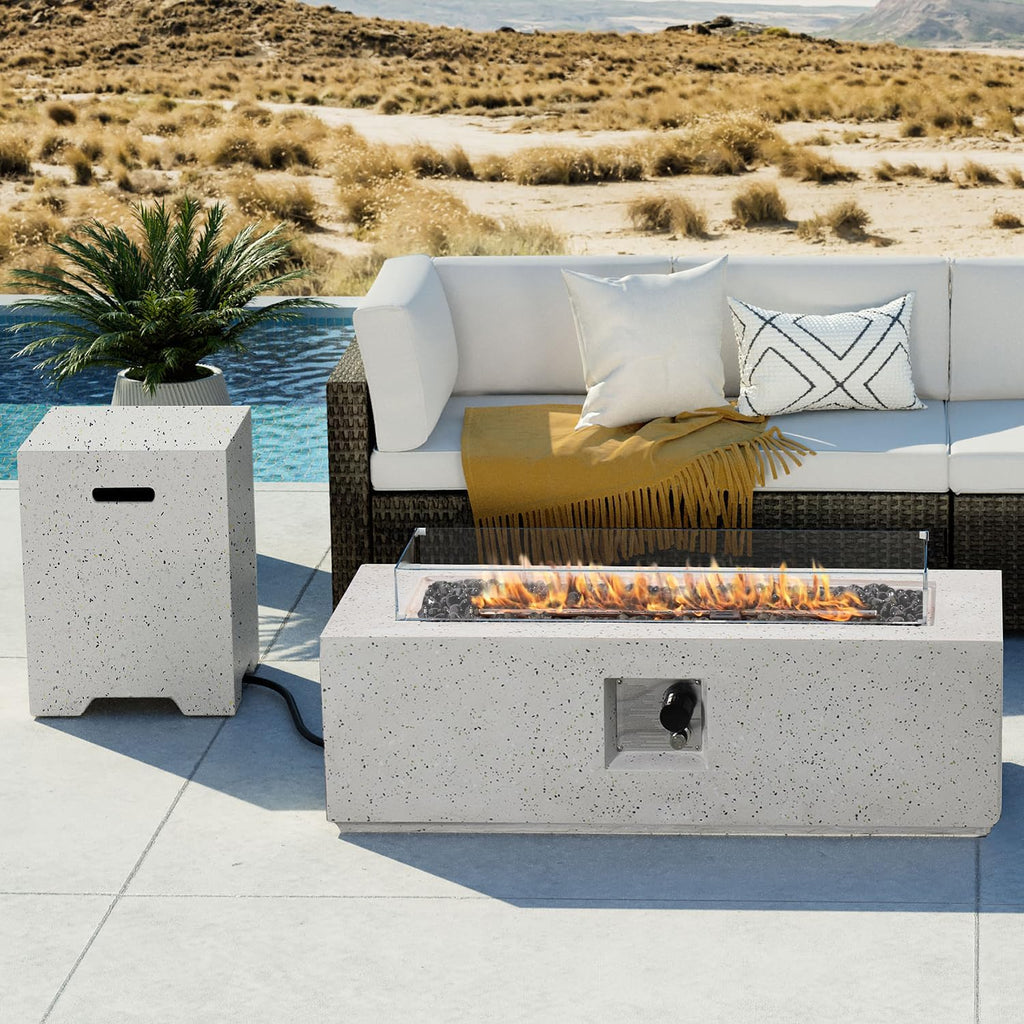 COSIEST 2-Piece Outdoor Propane Fire Pit Table Set w Tank Table, 42-inch Terrazzo Rectangle Fire Table (50,000 BTU) w 16 inches Tank Cover Side Table 20lb, Wind Guard, Black Fire Glass, Rain Cover