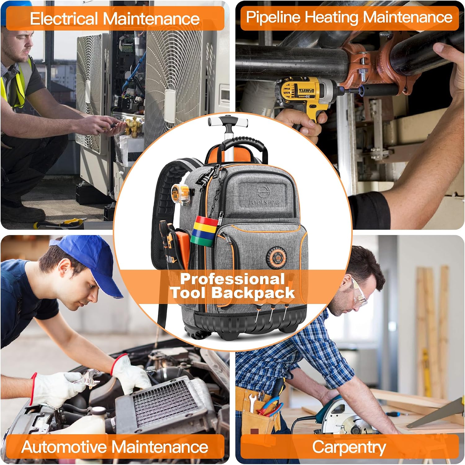 Backpack Tool Bag with Wheel, Rolling Tool Backpack for Electrician Heavy Duty Roller Tool Bag on Wheel for Construction Work, 75 Pockets & Loops Tool Backpack with Molded Base and Lock - Grey