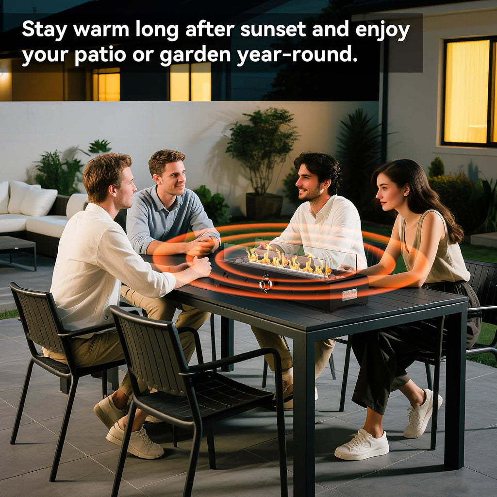 Onlyfire 28'' Tabletop Fire Pit Table, Propane Gas Firepit Bottom Mounted for Table with Umbrella Hole, Glass Wind Guard and Lava Rock, Outdoor Rectangular Smokeless Fireplace