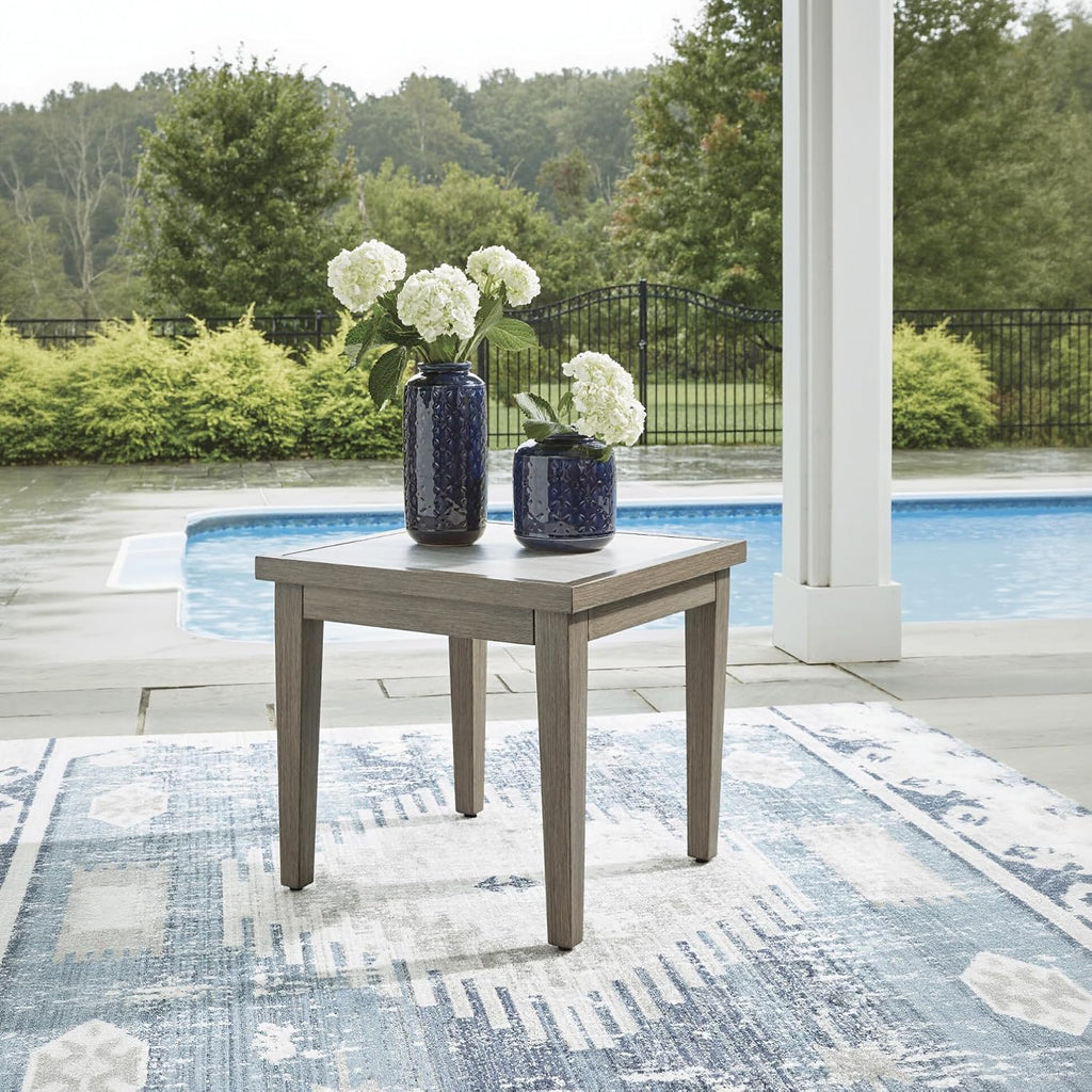 Signature Design by Ashley Rainier Ranch Contemporary Sintered Stone Tabletop Outdoor End Table with 4 Legs, Light Brown & Beige