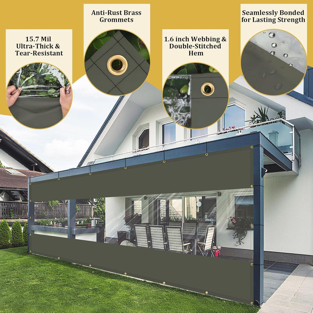 Shade&Beyond Outdoor Vinyl Curtain, 12'W x 16'L Heavy Duty Clear Tarp with Grommets Waterproof, Privacy Clear Panel UV-Resistant for Pergola Gazebos Porch Enclosure Patio(Customized Size, Gray)