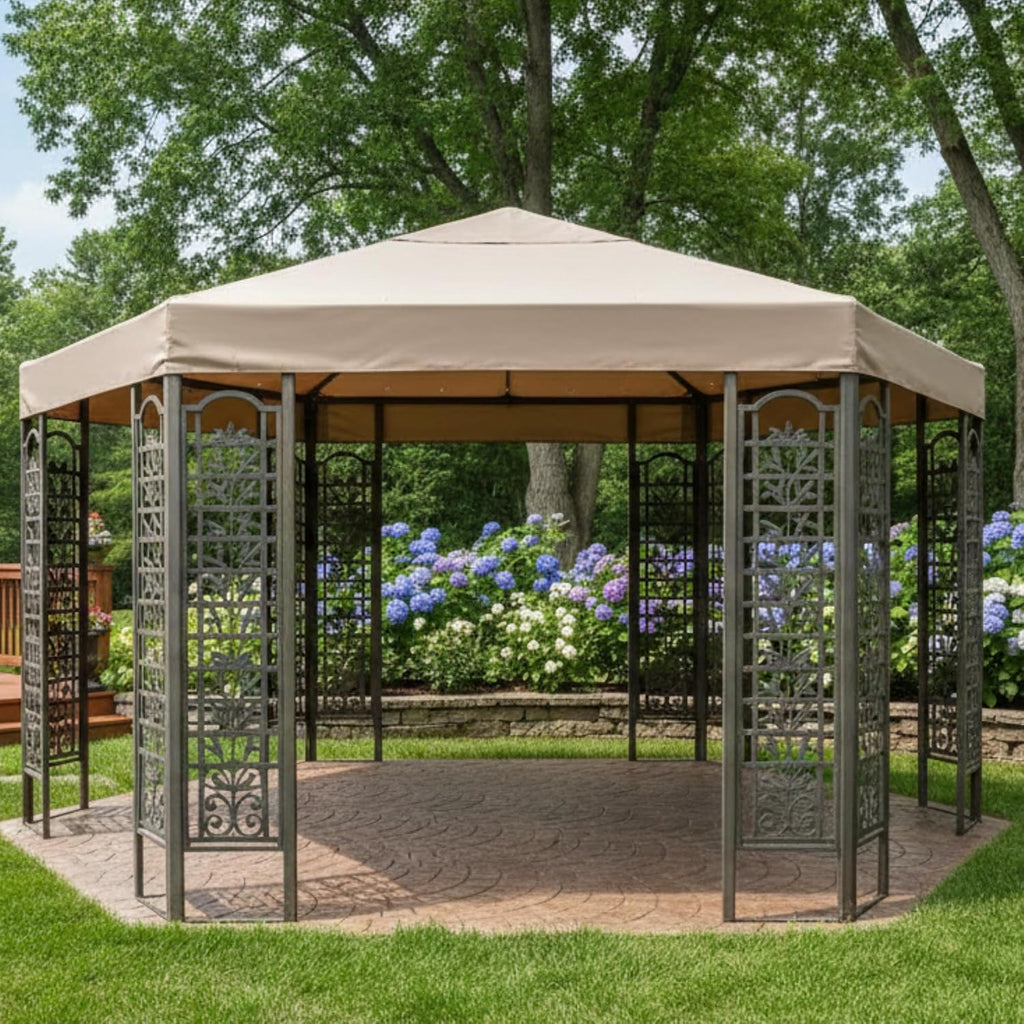 Garden Winds Reinforced RipLock 350 Replacement Canopy Top Cover Compatible with Wood Hexagon Trellis Gazebo - Beige