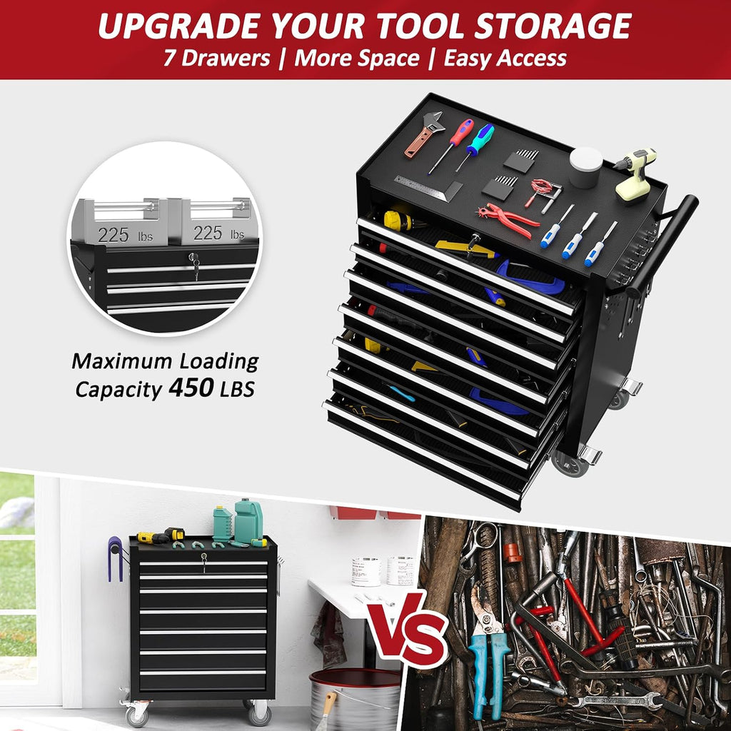 7 Drawers Rolling Tool Chest with Wheels, Rolling Tool Chest with Drawers, Portable Rolling Tool Boxes with Wheels, Tool Box Storage Cabinet with Locking System for Garage (Black, 7 Drawers)