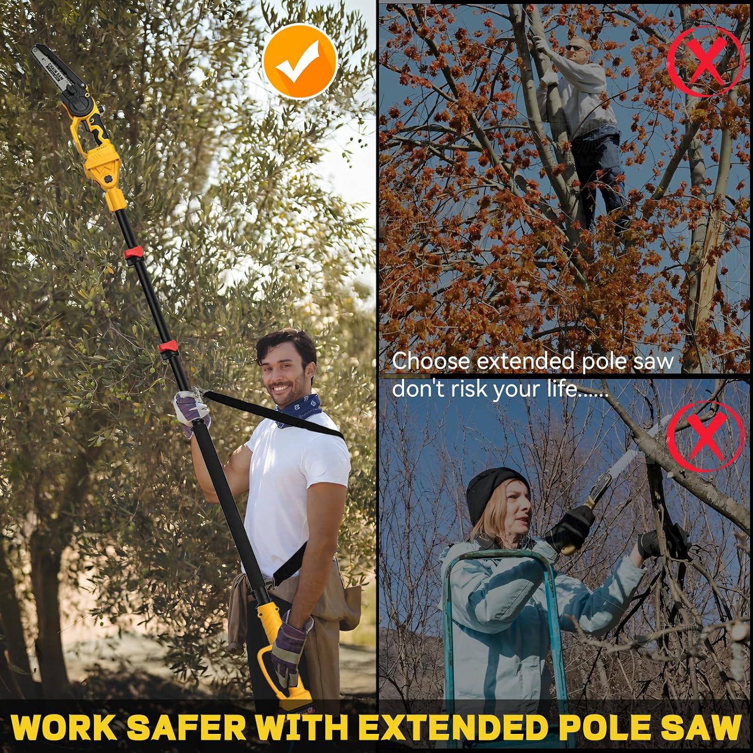 2-in-1 Cordless 8' Pole Saw & Mini Chainsaw Compatible with DeWALT 20V MAX Battery, Brushless 8 Inch & 6 Inch Telescoping Pole Chainsaw Combo Kit 15 Ft Max Reach for Tree Branches Pruning(Tool Only)