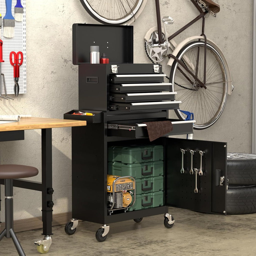 5-Drawers Black Tool Chest, 2-in-1 Mechanic Rolling Tool Box Removable Lockable Tool Storage Cabinet, Metal Tool Cart with Drawers and Wheels for Garage, Workshop